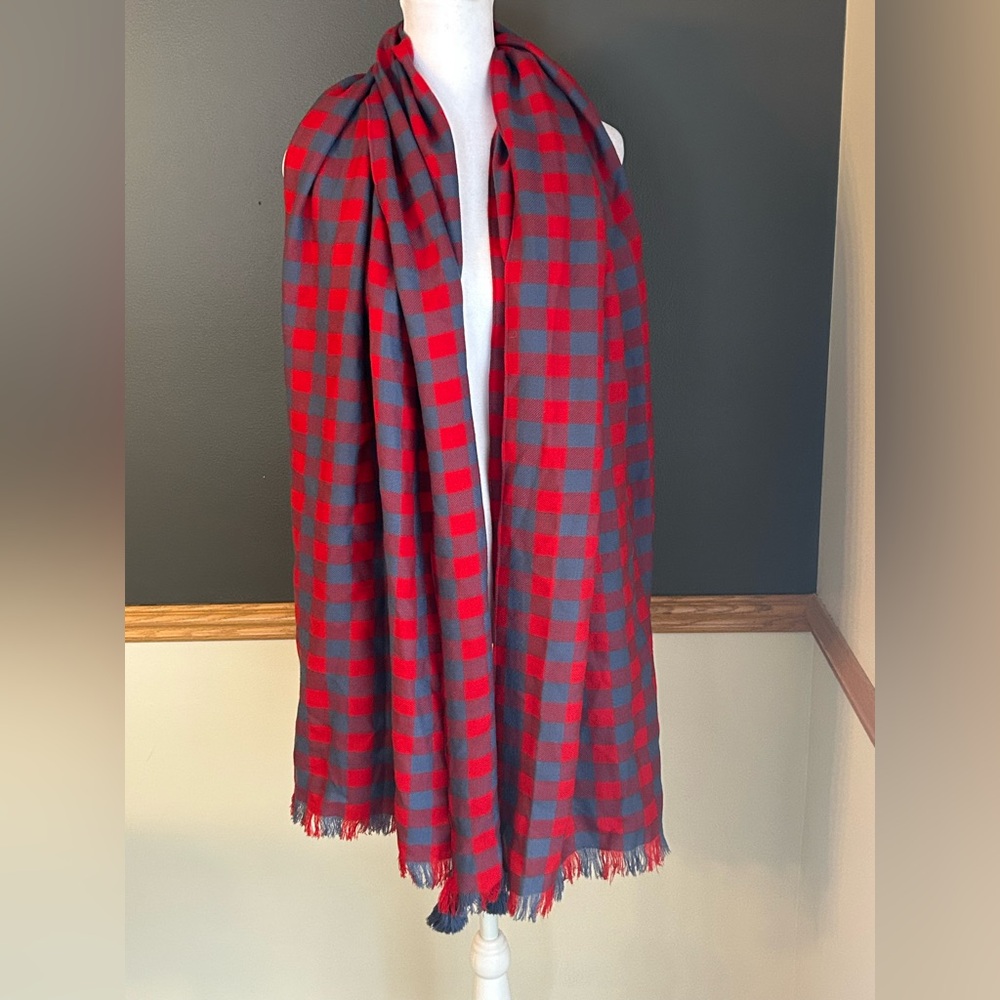 NWT J.Crew Lightweight Wool Blue Red Plaid Scarf Poms 74x27”